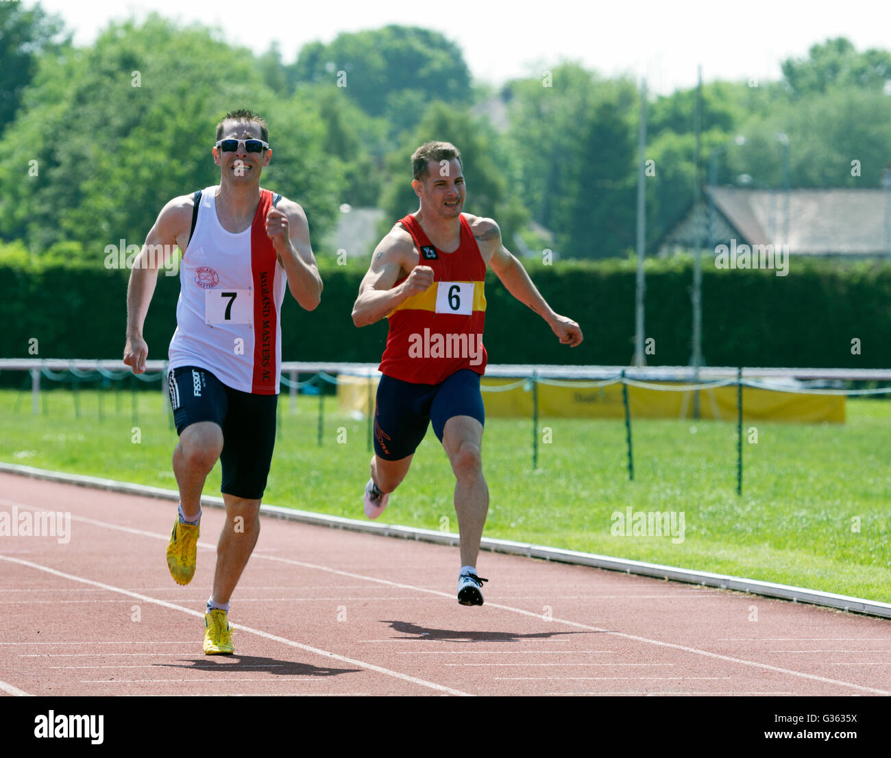 Masters athletics UK. Men`s 200m race. Stock Photo